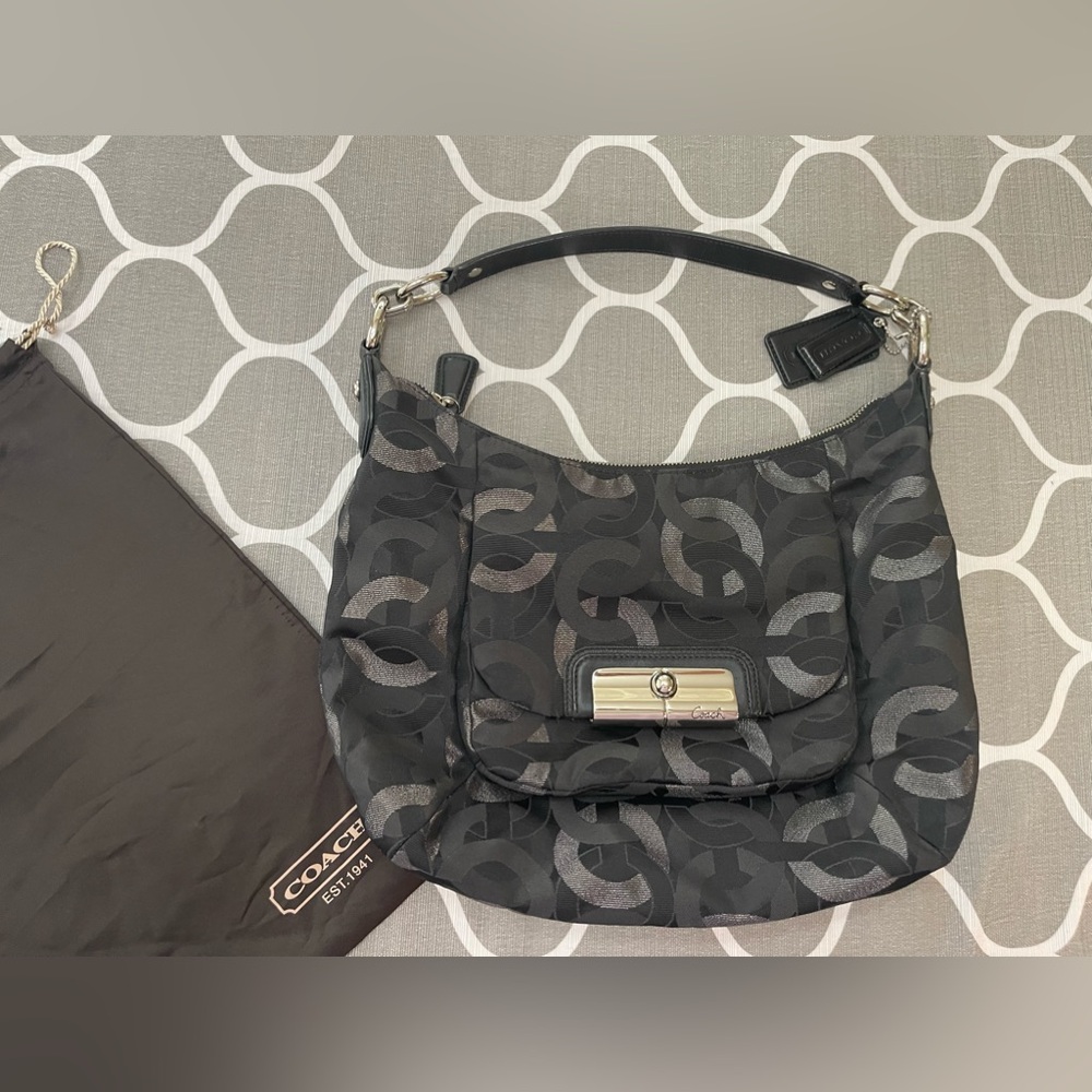 Coach Kristin Black and Silver Monogram Shoulder Bag Purse 16295